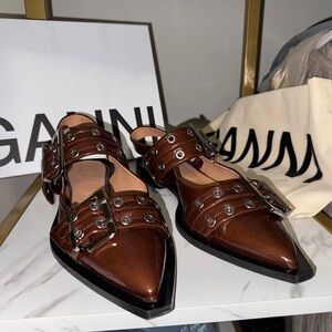 GANNI Brown Buckle Flats